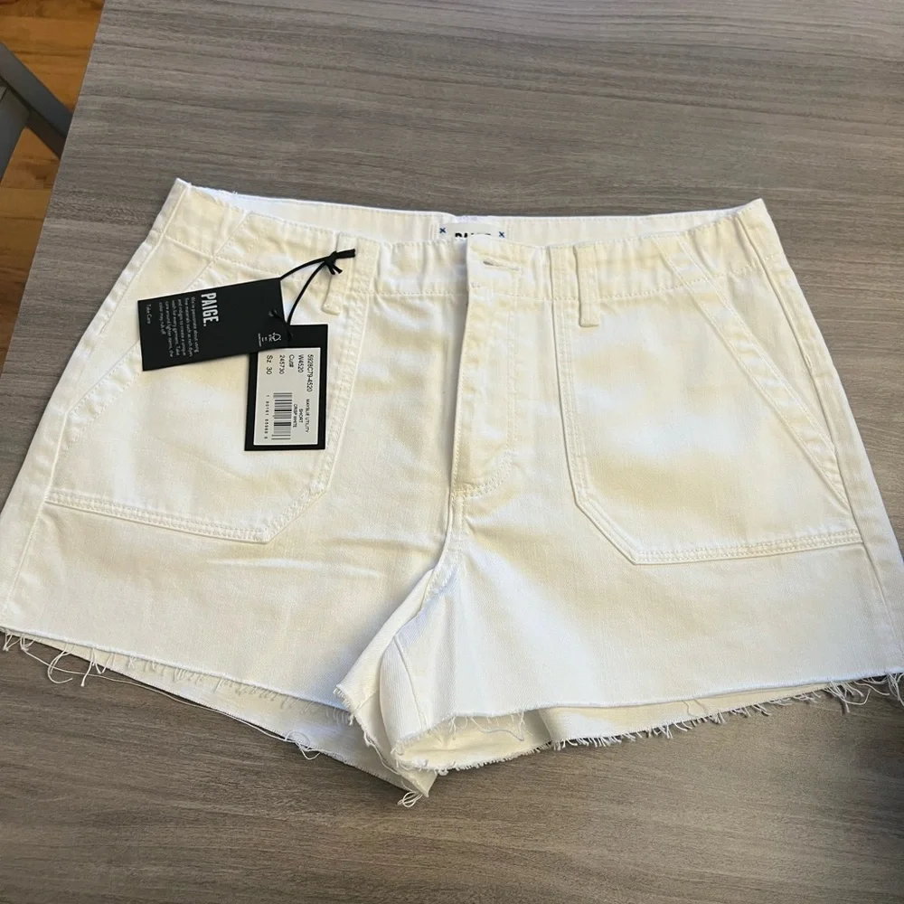 PAIGE Women's Crisp White Utility Jean Shorts - Picture 9 of 9